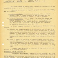 Volantino, “Lavoratori della Giordani!! – martedì 26 novembre assemblea generale”, novembre 1968.
Associazione “P. Pedrelli”-Archivio Storico della Camera del Lavoro di Bologna, Fondo Fiom-Cgil Bologna